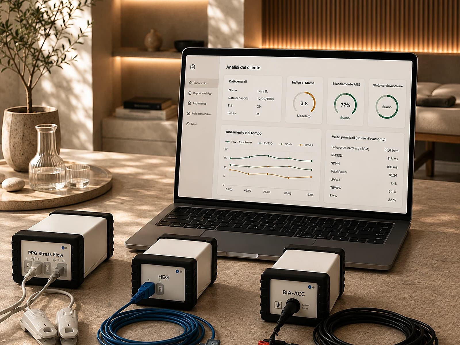 Le tre tecnologie BioTekna (PPG Stress Flow, HEG, BIA-ACC) e il report dell'analisi su schermo