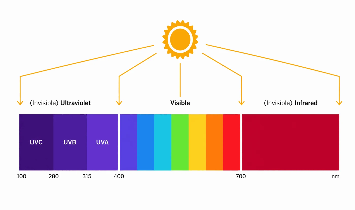 Spettro elettromagnetico: ultravioletto, luce visibile e infrarosso, in nanometri