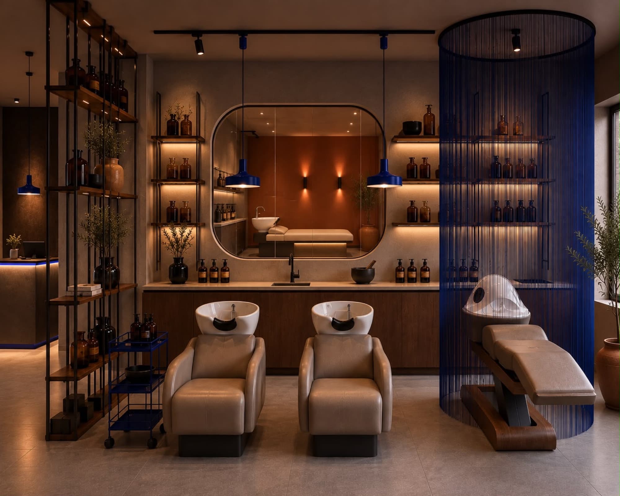 L'hair spa: due lavatesta, la parete delle boccette, la tenda blu della tricocamera
