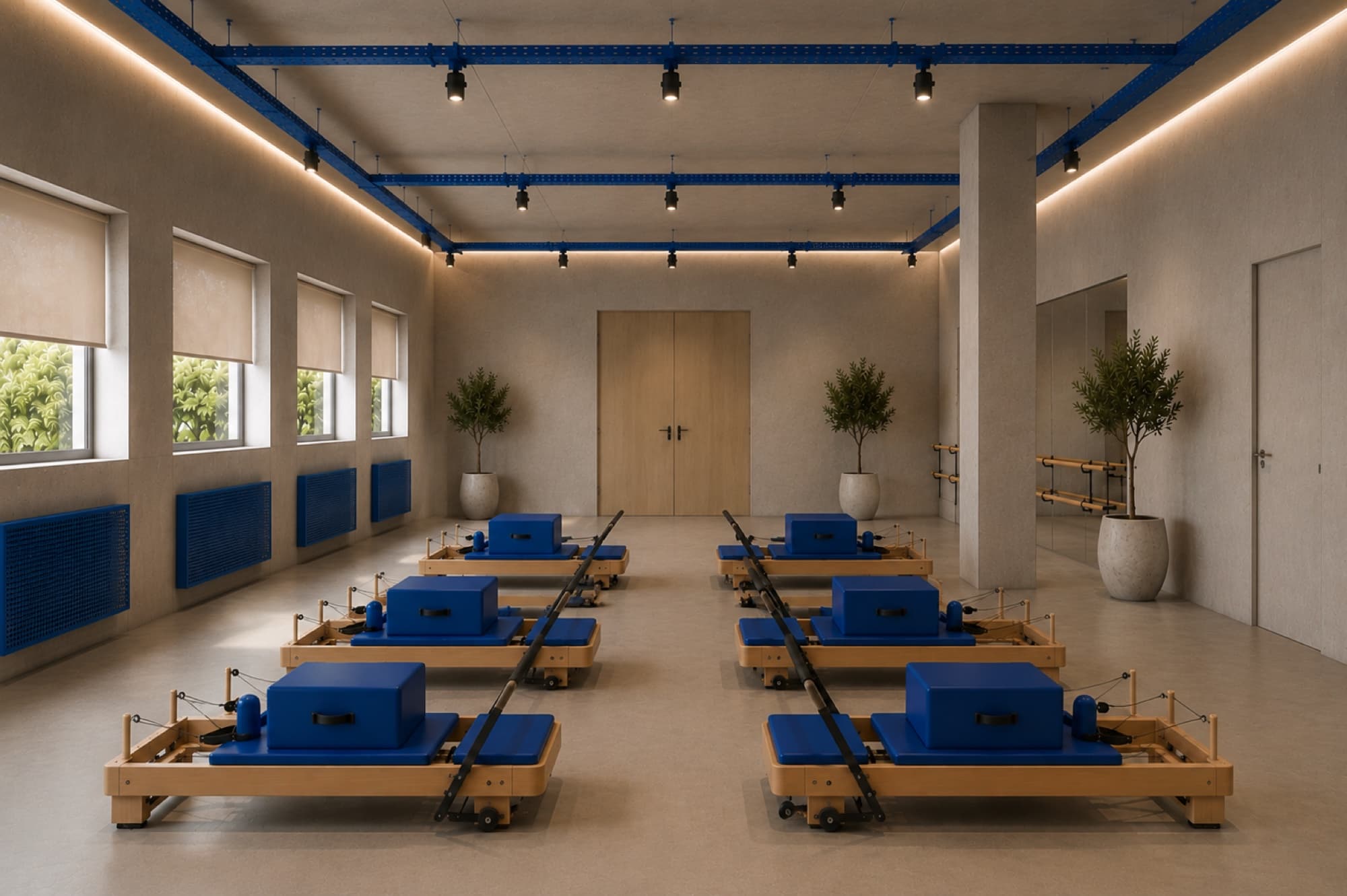La sala Reformer: sei macchine in legno e blu, ulivi in vaso, luce lineare